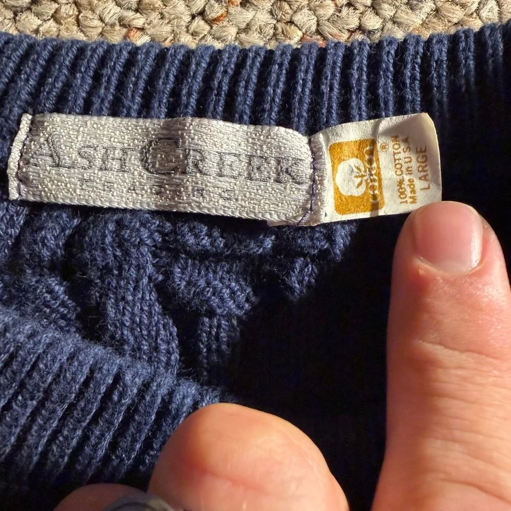 Ash Creek Traders Mens Navy Blue Geometric Cotton Knit Sweater Size L USA Made